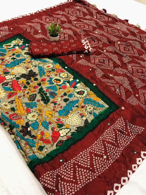 Moss Kalmkari With Bandhej Saree - Image 2