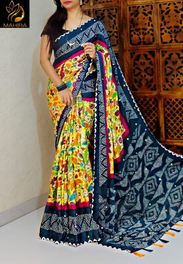 Moss Kalmkari With Bandhej Saree