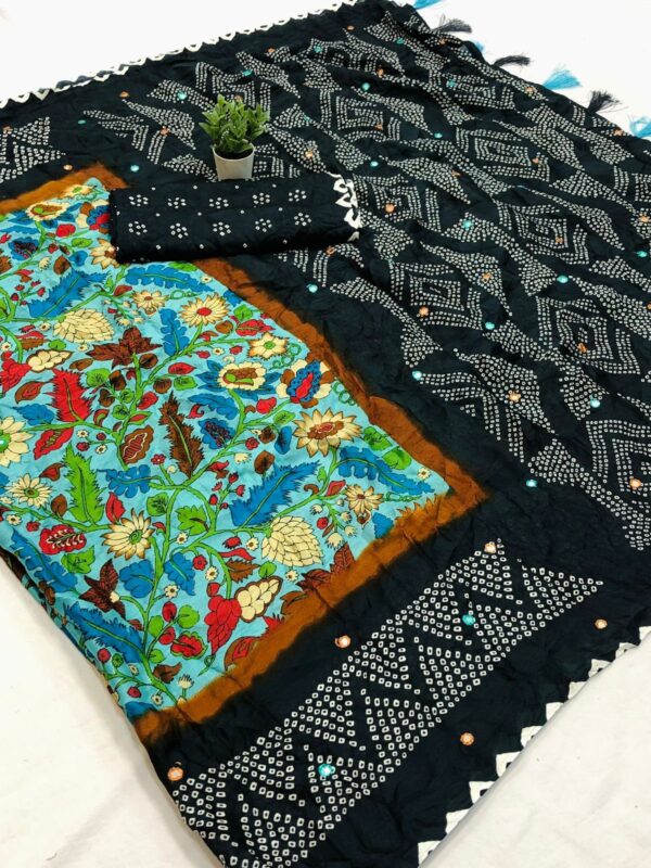Moss Kalmkari With Bandhej Saree - Image 2