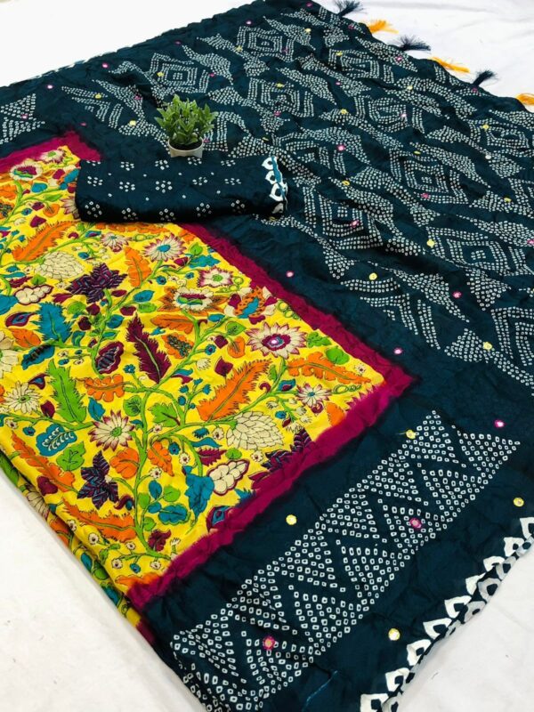 Moss Kalmkari With Bandhej Saree - Image 2