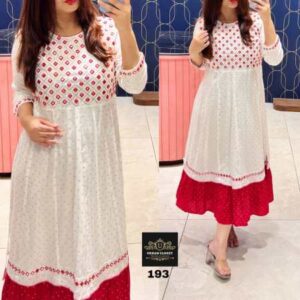 New printed anarkali suit set with detailing on nackline.