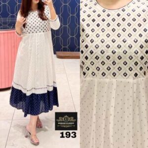 New printed anarkali suit set with detailing on nackline.