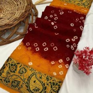 Heavy Zari Weaving Border Hand Bandhej Saree