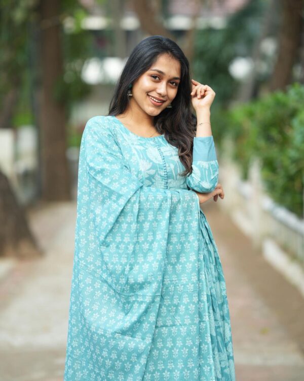 Floral Handblock Printed Anarkali Kurta - Image 2