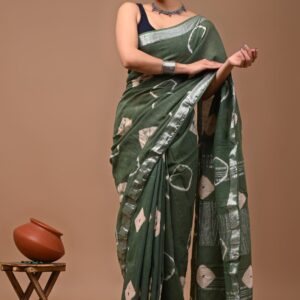 Linen Digital Print Saree With Silver Zari Border.