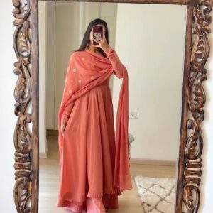 Kurta Set With Matching Straight Pants, Plain With Work In Duptta