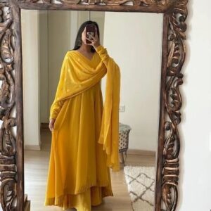 Kurta Set With Matching Straight Pants, Plain With Work In Duptta