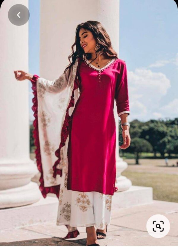 Rayon Kurti With Ruffle Dupatta Plazzo Set - Image 5