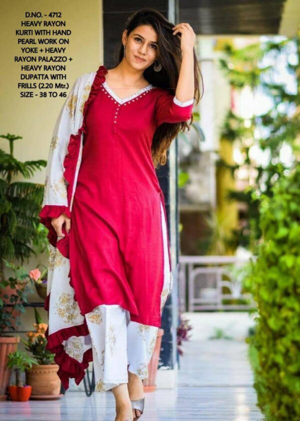 Rayon Kurti With Ruffle Dupatta Plazzo Set - Image 3