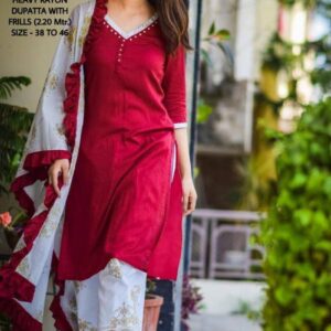 Rayon Kurti With Ruffle Dupatta Plazzo Set