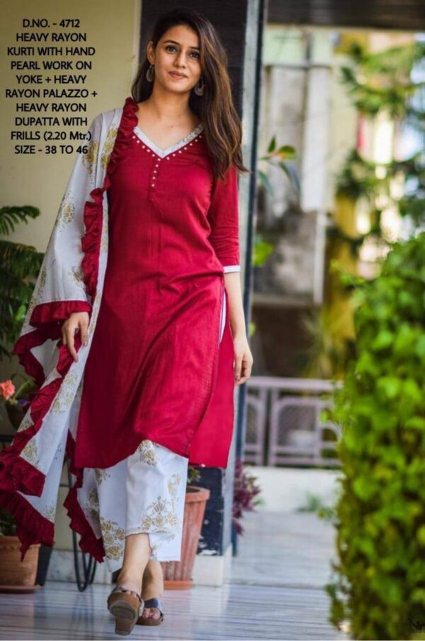 Rayon Kurti With Ruffle Dupatta Plazzo Set