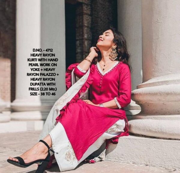 Rayon Kurti With Ruffle Dupatta Plazzo Set - Image 2