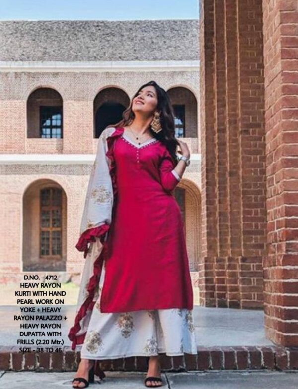 Rayon Kurti With Ruffle Dupatta Plazzo Set - Image 6