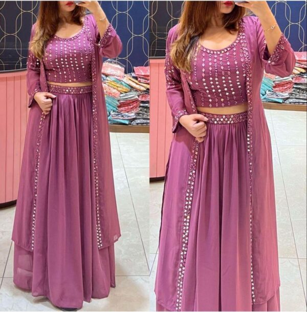 Stylish Crope Top Skirt With Shrug & Blouse