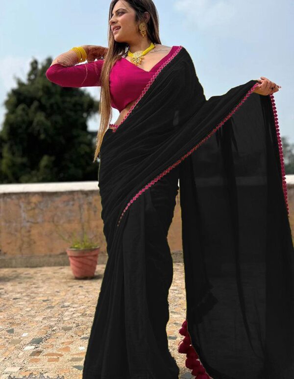 Smooth Georgette fabric saree with beautiful embroidery lace border with beautiful latkan